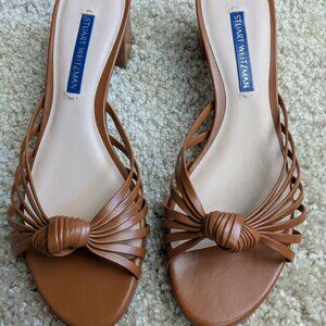 Brown Knotted Stuart Weitzman Leather Sandals Kitten Block Heels